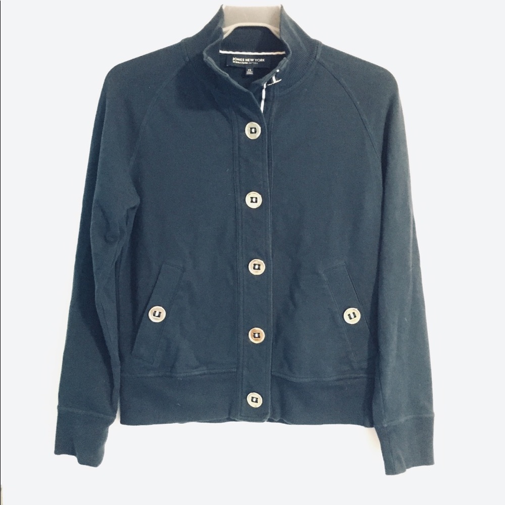 Navy sweatshirt jacket with gold buttons